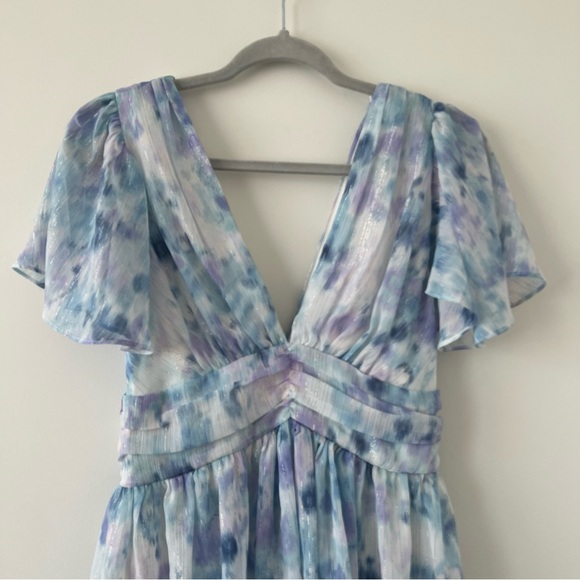 Sunny Evenings Blue Multi Lurex Flutter Sleeve Mini Dress Lulus medium - Picture 4 of 9